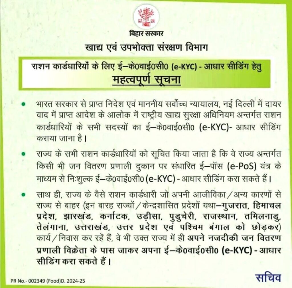 New Notification Related Ration Card E-KYC